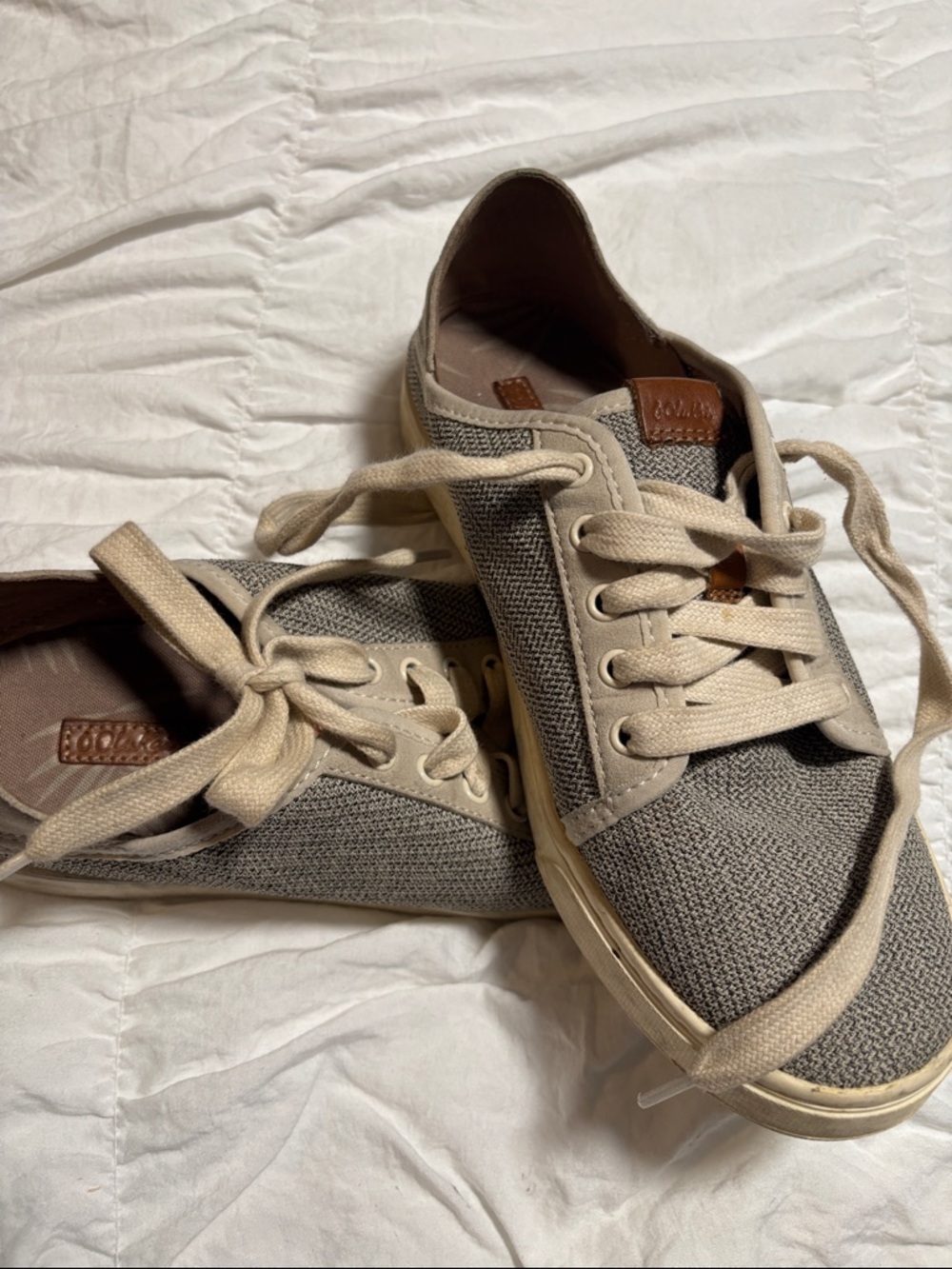 OluKai Women's Moccasins in Cream and Gray with Tan Leather Tab